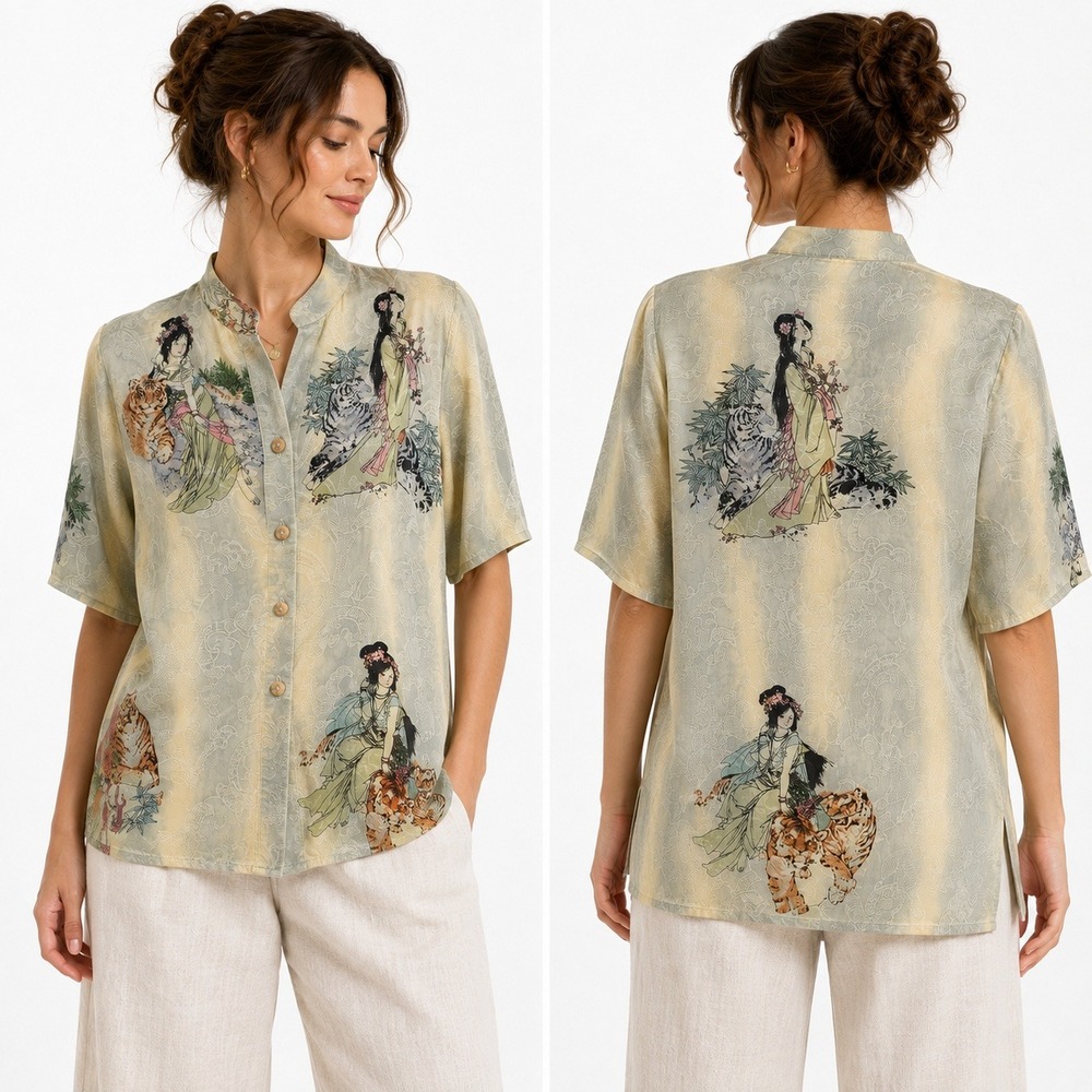 Citron Santa Monica Silk Jacquard Blouse M Tiger Asian Scenic Vintage Y2K USA